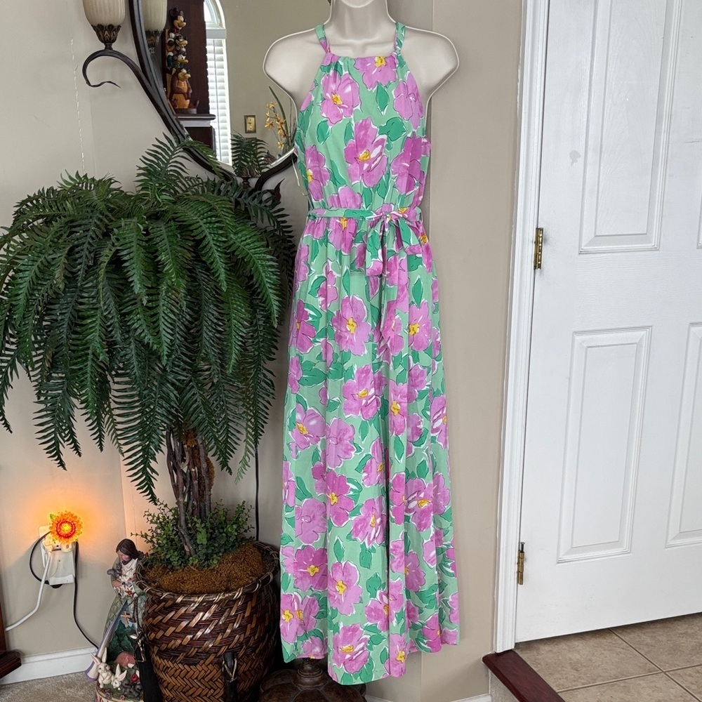 Brand New Green Pink Floral Print Tie High Neck Jumpsuit Stretch Waist Romper